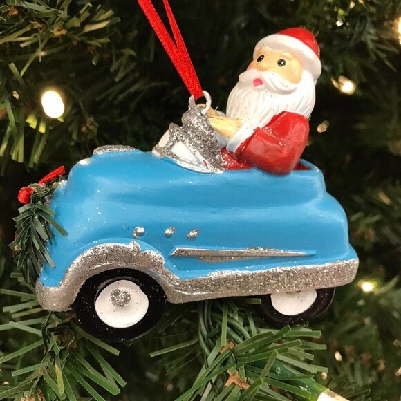 Santa Driving Blue & Silver Sports Car Christmas Tree Ornament Wreath Grill - Picture 4 of 9